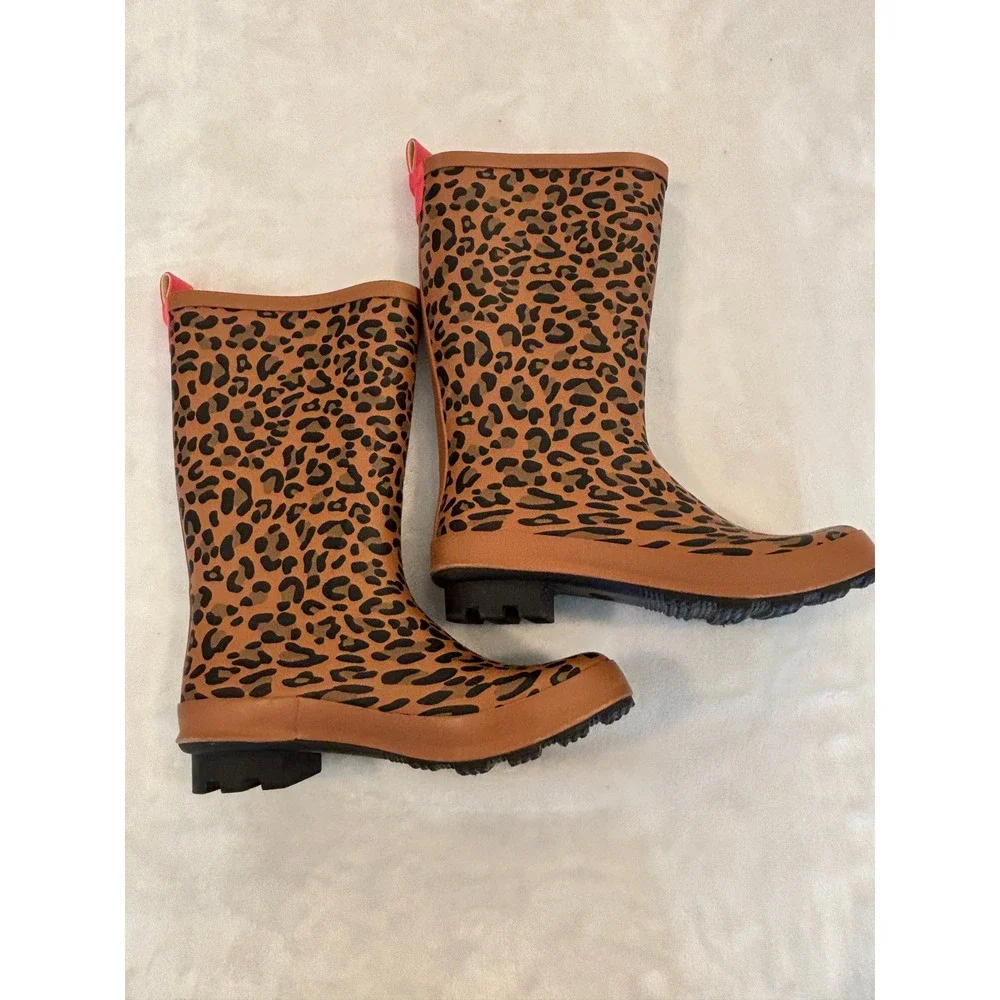 Cat & Jack Leopard Print Rain Boots Tan Black Pink Pull Tab Girls Size 3